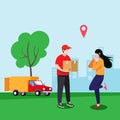Home delivery at day, Home delivery at day,247 delivery, Courier Delivery Handover To Customer, Home delivery man in bike illustra Royalty Free Stock Photo