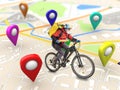 Home delivery, food purchase via the Internet. Deliveryman on bike arriving to any address worldwide on the map with