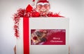 Home delivery of a large Christmas gift box with red ribbon. Smiling and blurred senior man with santa claus hat and funny glasses Royalty Free Stock Photo