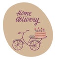 Home delivery, no contact - hand written sign with doodle illustration bicycle, flowers basket. Vector stock