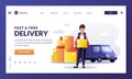 Home delivery service banner design template. Courier holds parcel. Man carries post cardboard box. Vector illustration Royalty Free Stock Photo
