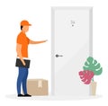 Home delivery service flat vector illustration. Freight forwarder, courier man delivered parcel at door isolated cartoon character