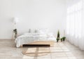 Double bed with pillows, blanket, carpet, lamp, green plants in pots, on wooden floor, on white wall background