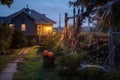 Halloween-dressed home facade with cobwebs, spiders, and paper bats, in warm sunset glow. Royalty Free Stock Photo