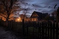 Halloween-dressed home facade with cobwebs, spiders, and paper bats, in warm sunset glow. Royalty Free Stock Photo