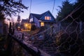 Halloween-dressed home facade with cobwebs, spiders, and paper bats, in warm sunset glow. Royalty Free Stock Photo