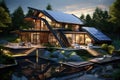 Home ecological architecture aesthetic with solar panels on its roof