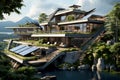 Home ecological architecture aesthetic with solar panels on its roof