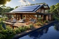 Home ecological architecture aesthetic with solar panels on its roof