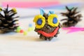 Home Education game with clay and nature material, Funny face from colorful plasticine, Early development concept. Educational