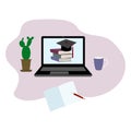 Home education at home, study via the Internet, online education, books, computer.Vector illustration