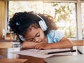 Home education, sleeping child and tired during kindergarten homework, remote learning and studying math. Music