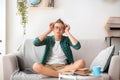 Tired school boy need break, studying at home alone Royalty Free Stock Photo