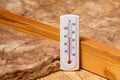 Fiberglass insulation in attic of house with thermometer. Royalty Free Stock Photo