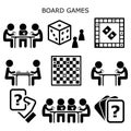 Board games, people playing cards and chess or draughts at the table vector icons set, fun activity while staying at home with fri Royalty Free Stock Photo