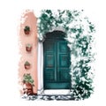 Home entrance with blooming white flowers with  front door in the background Royalty Free Stock Photo
