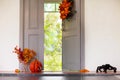 Home entrance. Halloween decoration on front door Royalty Free Stock Photo