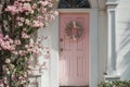 Home entrance with decorative spring wreath on front door in pastel colors. Generative AI