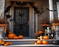 Home entry decorations fo Halloween day with scary lantern pumpkins and skeleton with decorative skulls and cobwebs Royalty Free Stock Photo