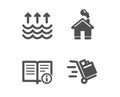 Home, Evaporation and Technical info icons. Push cart sign. House building, Global warming, Documentation. Vector