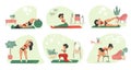 Home exercises. Cartoon woman doing fitness and sport activities, indoor workout. Isolated female training on gymnastic