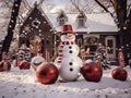 A home exterior transformed into a winter wonderland with dazzling Christmas lights, inflatable snowman, and a magnificent