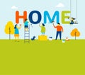 Home - family is painting letters, concept design with kids, mother and father, summer outdoor scene Royalty Free Stock Photo