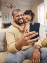 Home, father and girl with a smile, selfie and social media with connection, family and loving together. People, parent Royalty Free Stock Photo