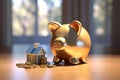 Home finance, 3D rendering features piggy bank and gold dollar