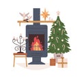 Home fireplace, Christmas tree with ornament. Holiday fire, hearth in metal fireside with grate, gift boxes and festive