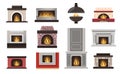 Home fireplace collection. Cartoon house hearth with grate and firewood flame, flat electric coal gas bio-fuel stove Royalty Free Stock Photo