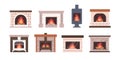 Home fireplaces set. Burning flame in firesides of different design. Fire places, warm hearths, furnace with light