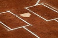 Home of the first base with white chalk lines in a baseball field Royalty Free Stock Photo