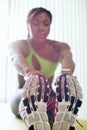 Home Fitness Black Woman Doing Legs Stretching On Pad Royalty Free Stock Photo