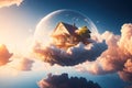 Home floating on clouds 3d bokeh lens flare. ai generative Royalty Free Stock Photo