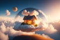 Home floating on clouds 3d bokeh lens flare. ai generative Royalty Free Stock Photo