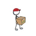 Home food delivery. Door delivery. Postman with parcel. Hand drawn. Stickman cartoon. Doodle sketch, Vector graphic illustration