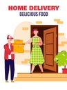 Home food delivery poster with courier man and client at door step