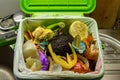 Home food waste container full leftovers vegetables in a plastic bag close up shot in the kitchen Royalty Free Stock Photo