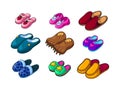 Home footwear - pairs slippers, textile domestic outfit element or garment shoes soft fabric. Comfortable kids and adult footwear