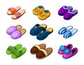 Home footwear - pairs slippers, textile domestic outfit element or garment shoes soft fabric. Comfortable kids and adult footwear