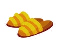 Home footwear slippers. Soft comfortable slip on shoe for home. Pair slippers, textile domestic outfit element or