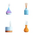 Home fragrance icons set cartoon vector. Incense stick and aroma lamp