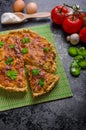 Home French quiche stuffed with mushrooms, tomato and leek Royalty Free Stock Photo