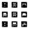 Home furnishings icons set, grunge style