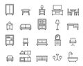 Home furniture, interior decor elements linear icons set Royalty Free Stock Photo