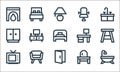 home furniture line icons. linear set. quality vector line set such as bathtub, door open, tv monitor, dresser, seat, wardrobe,