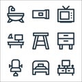 home furniture line icons. linear set. quality vector line set such as home cinema, single bed, chair, cabinet drawer, wooden Royalty Free Stock Photo