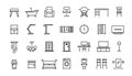 Home furniture line icons. Office interior and home room chair lamp table symbols, bedroom kitchen an living room vector