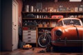 Home garage interior retro style living room close up. generative ai